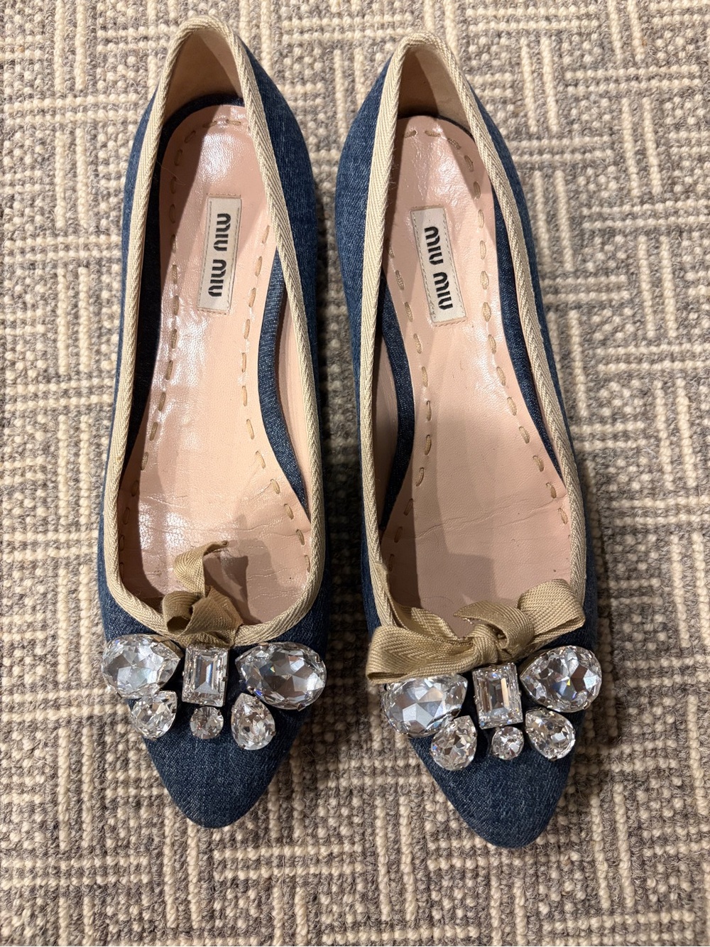 Miu Miu Denim Pointed Flats with Crystal Bow Accents